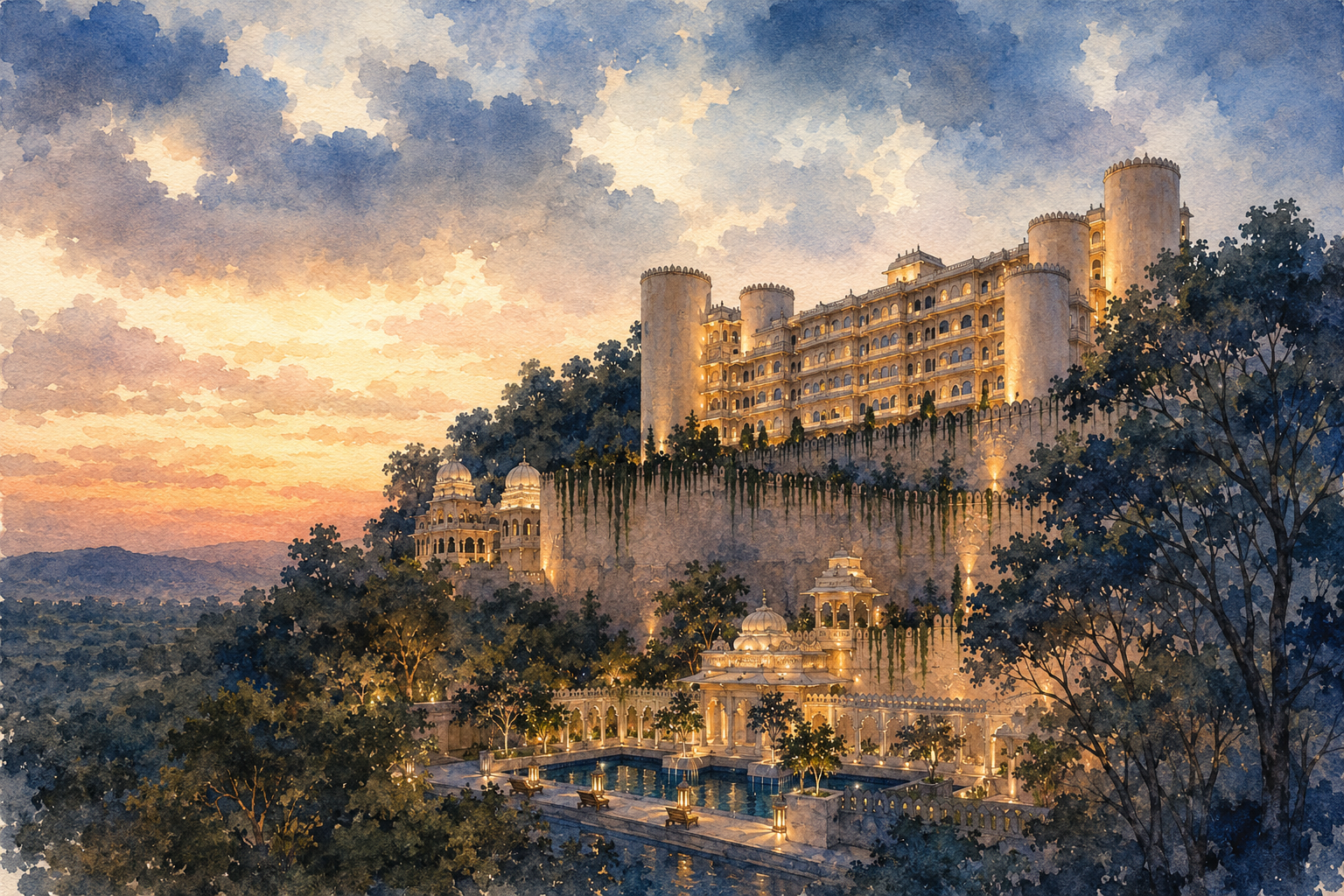 Watercolor of Aurika Udaipur at dusk